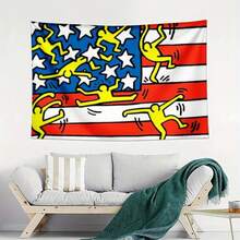 1pc Bedroom Decor Keith Haring American Flag With Yellow Figures Tapestry, Decorative Wall Hanging Tapestry For Bedroom, Lotus Spiritual Tapestry, Beach Mat, College Dorm Home Decor Hanging Cloth Gifts Birthday Graduation - 1PC - 查看 3