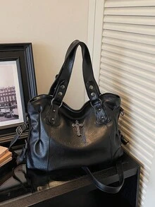 Retro Minimalist Large Capacity Fashion Student/Work Commute Tote Bag - Black - View 8