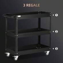 Wózek warsztatowy ze stali 3-półkowej na kółkach z uchwytem - maks. obciążenie 150 kg - 83 x 35,3 x 76 cm, czarny - A - Zobacz 4