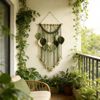 1件套手工编织挂毯，波西米亚风格墙面装饰挂毯，手工编织木珠流苏叶子背景墙挂，床头毯