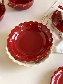 1/2pcs Lace Bow Ceramic Plate, Red Girly Newlywed Gift, Wedding Engagement Housewarming Holiday Tableware Decor - Multicolor - View 9