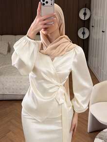 DAZY Women's Elegant Commuter Solid Color Tie Wrap Blouse & Fishtail Skirt Suit - Apricot - View 3