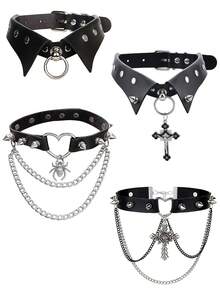 1/4 Pcs Gothic Punk Black Cross Necklace For Women, Handmade PU Leather Chain Choker With Spikes, Heart Leash Collar Adjustable Cross Pendant Jewelry - Black - View 12