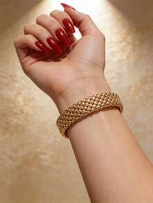 1pc Handmade Elastic Wide Metal Bracelet, Suitable For Daily Wear Or Party, Can Be Used As A Gift - Yellow Gold - View 4