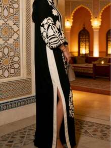 Women's Vintage Printed Dress, Bohemian Style, Button-Up Tie Waist Split Hem Long Dress, Suitable For Middle Eastern Style, Spring/Summer - Black - View 10