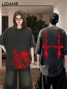 LIDANR 1PC Elegant Unisex Vintage Washed Oversized Black Tshirt| Short Sleeve Tees With Red Flame Cross Dragon Choso Graphic, Crew Neck, Slight Stretch Fabric, Loose Fit, All-Season Wear Mens Clothes Shirts - 黑色 - 查看 5