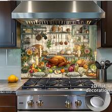 1-Piece 2D Flat Design Depicts A Sumptuous Kitchen Feast, Including Roast Chicken, Fruits And Vegetables, And Tableware. The Realistic Style Showcases A Lively And Satisfying Dining Atmosphere. Made Of PVC, This Kitchen Wall Sticker Is Easy To Apply, And Features A 2D Flat Effect - Style 1 - View 3