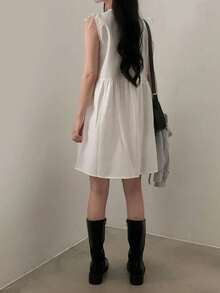 Vintage Pleated Bowknot Tie Sleeveless Mini Dress For Petite Women, Summer White Elegant - White - View 3