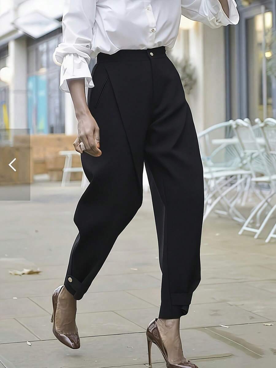 Solid Color Loose Casual Drawstring Pants, Fashionable Side Pockets Design Trousers, Women Black - Black - View 1