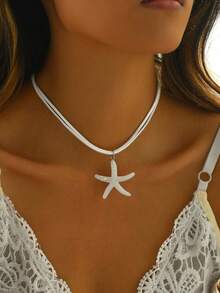 1pc Acrylic Starfish Pendant Necklace, Suitable For Women's Daily Wear And Summer Beach Vacation - Beige - View 2