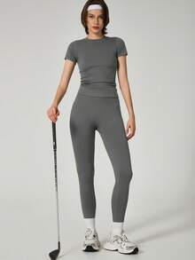 TimeOff 1 Conjunto de Mujer de Cuello Redondo de Manga Corta, Leggings Elásticos de Cintura Alta sin Costuras y Camiseta Deportiva de Verano - Gris - Ver 9