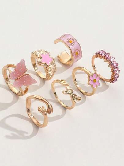 1 Set INS Pink Drip Oil Rings, Sweet Five-Pointed Star Ring, Butterfly & Daisy Hug Letter Rings Set