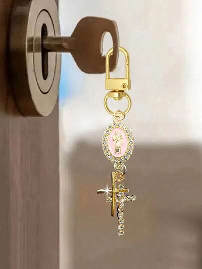 Christian Charm Keychain With Religious Cross,Pearl And Diamonds Talisman - Cross Keychain,Bag Charm,Cross Pendant,Decorative Wallet Backpack Accessories, Earphone Bag Accessories, Ring Buckle Decorative Keychain For Luggage And Cars - Single Piece Accessory With Pearl And Diamonds And Romantic Elements, Ideal For Women's Day Gifts,