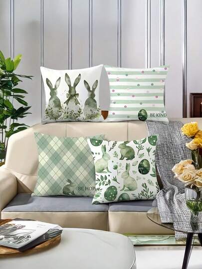 4pcs Easter Pillow Covers | Modern Style Green Spring Decor With Rabbit & Floral Design, Machine Washable, Zipper Closure, 17.7x17.7inch, Perfect For Home, Car, Bedroom, Sofa, Office - Pillow Core Not Included