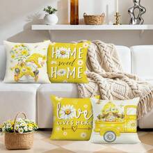 4 PIEZAS Funda de cojín con flores de margarita enana Flores de primavera y verano Camión de amor amarillo Funda de cojín decorativa para exteriores para sofá y sala de estar, de una sola cara, sin incluir el cojín - Amarillo - Ver 6