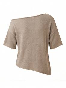 女士优雅不对称肩部短袖针织毛衣上衣，休闲日常海滩度假之选 - 卡其色 - 查看 8