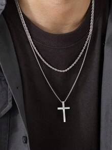 2pcs Cross Charm Necklace, Stainless Steel Jewelry - Multicolor - View 2