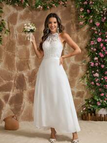 YUMIBRAVO Romantic Lace Wedding Dress, Off-Shoulder Bridal Gown, Hollow-Out Wedding Dress, Ladies White Dress, Ladies Long Evening Gown, Ladies Formal Elegant Prom Dress, Ladies Formal Elegant Summer Wedding Party Dress Spring - White - View 5