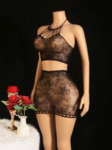 两件套黑色镂空吊带内衣套装，细肩带文胸，薄纱上衣，无缝迷你裙，性感紧身内衣，无钢圈文胸，柔软提花网纱面料，浪漫女士睡衣 - 黑色 - 查看 3