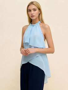 Women Chiffon Halter Tops Summer Trendy Asymmetrical Layered Backless Shirts for Streetwear Aesthetic Grunge Clothes - Celeste - Ver 2