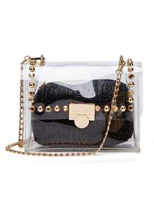 女士两件套度假风沙滩时尚设计实用多隔层PVC金属铆钉拉链金属链编织单肩包方形盒形包组合套装 - 彩色 - 查看 11