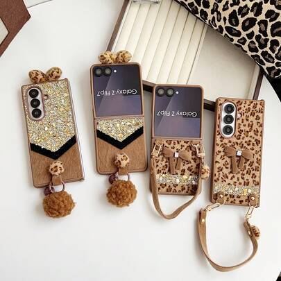 Leopard Print Fashionable Protective Case Compatible With Samsung Z Series Foldable Phones, Thin Lanyard Design, Shock-Resistant, Anti-Slip, Compatible With Samsung Galaxy Z Fold 7, Z Fold 6, Z Fold 5, Z Fold 4, Galaxy Z Flip7, Z FE, Z Flip6, Z Flip5