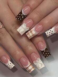 Upgrade Your Look With Y2K Style! Instantly Upgrade Your Look With 24 Medium-Sized Fake Nails, Featuring A Gentle And Elegant Rococo-Style Wide-Edged French Manicure In Brown, A White Polka Dot Pattern With Lace Trim Design, And A Fashionable Retro Khaki And White Contrasting Plaid Pattern With A Cute Bow White Dot Design. - Multicolor - View 1