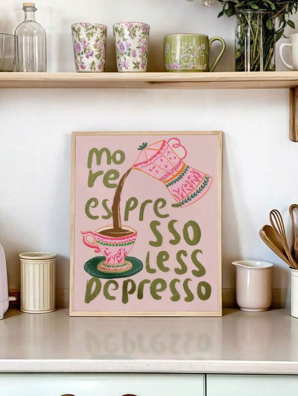 1pc "More Espresso Less " Funny Coffee Wall Art Poster - Frameless Canvas Print With Coffee Cup Illustration & Caffeine Humor, Pink Background For Home Office, Kitchen, Cafe Decor - Gift For Coffee Lovers, Boho & Contemporary, 2D Flat
