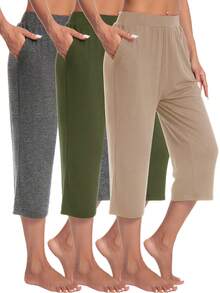 3 Pack Capri Pants For Women Loose Lounge Cropped Sweatpants Joggers Yoga Casual Workout Pants With Pockets - 深灰,軍綠,卡其 - 查看 12