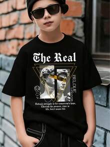 1 pieza Camiseta Negra de Algodón para Niños, Estampada, Cuello Redondo, Cómoda Manga Corta, Transpirable y Antiodorante, Ideal para Verano, Adecuada para niños de 8 a 12 años - Negro - Ver 1