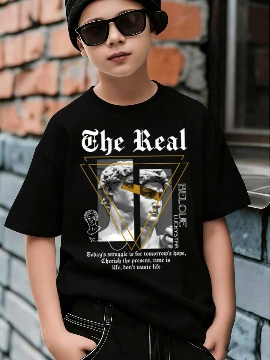 1 pieza Camiseta Negra de Algodón para Niños, Estampada, Cuello Redondo, Cómoda Manga Corta, Transpirable y Antiodorante, Ideal para Verano, Adecuada para niños de 8 a 12 años - Negro - Ver 1