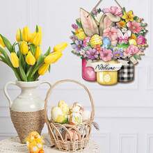 1pc Happy Easter Door Sign Easter Bunny Egg Wooden Door Decor Floral Spring Hanging Door Sign Bunny Rabbit Sign For Easter Spring Party Indoor Outdoor Home Decorations - Multicolor - View 4