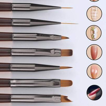 Set de 9 piezas de brochas de arte de uñas en color marrón, que incluye: brocha para uñas, brocha de línea, brocha de doble punta, brocha de estructura, brocha para pintar gel UV y brocha degradada. Kit profesional japonés de brochas de arte de uñas, adecuado para pintar, teñir, degradar, perfilar y colorear gel UV, apto para salones de uñas y uso doméstico, fácil de almacenar, ideal para principiantes, que ofrece varias opciones de bricolaje - Juego de herramientas para el cuidado de uñas, pies y manos.