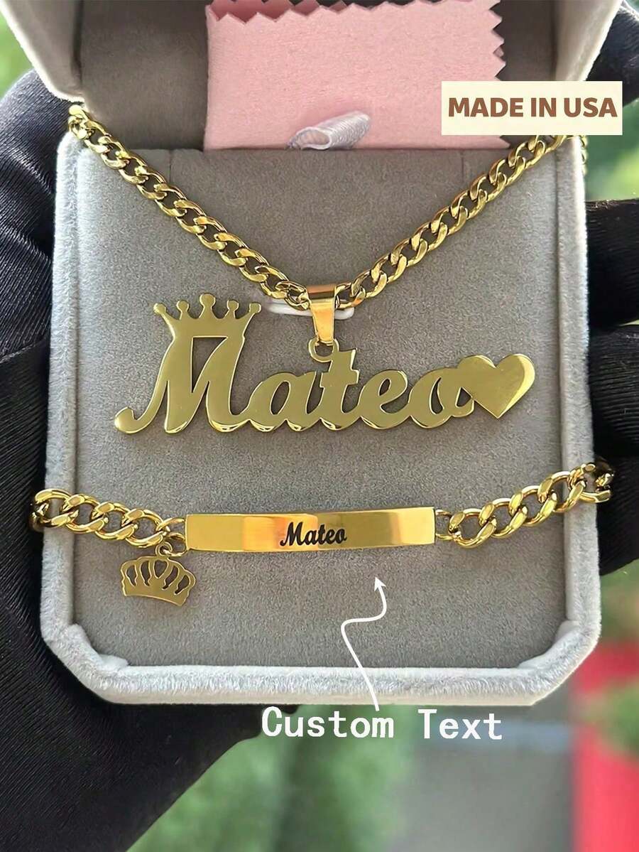 1pc New Custom Name Set Jewelry Stainless Steel Love Crown Name Pendant Engraved Name,18k Gold Electroplated Stainless Steel, Teen/Boy/Girl Bracelet Necklace Set - 彩色 - 查看 1