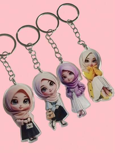 4-Piece Set Of 2D Graphic Design Acrylic Fashionable Muslim Women's Keychains And Hangers - A Must-Have For Fashionable Matching, Backpack Accessories, Car Key Decorations, Key Ring Hangers, And A Great Gift For Friends