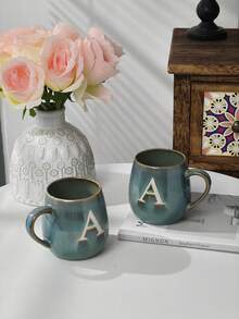 1pc Large Ceramic Letter Handle Coffee Mug, 600ml, Retro Ombre High-Quality Personalized Letter Mug, Handmade Ceramic Tea Cup, Suitable For Home, Office, Afternoon Tea, Gatherings And Cafes, Microwave , Reusable - Multicolor - View 5
