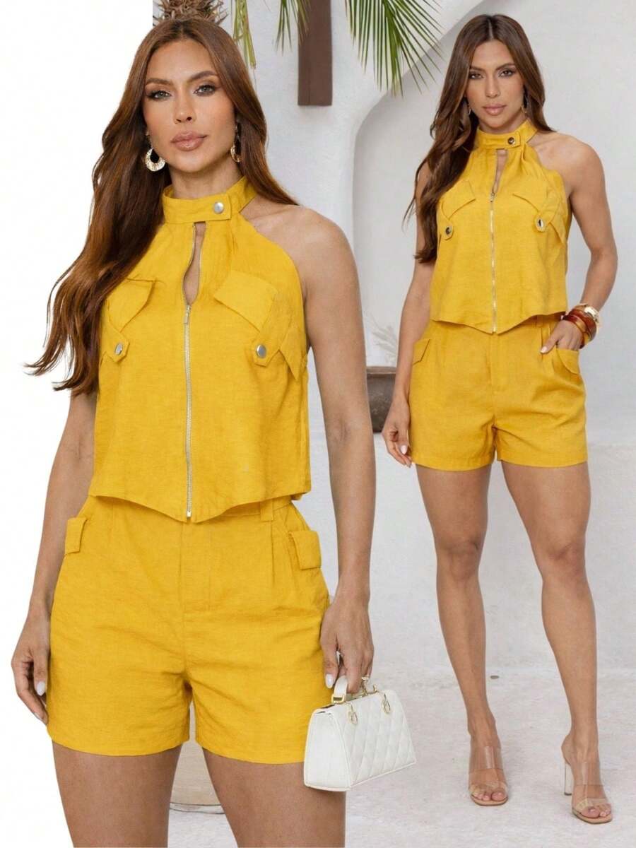 TETE FASHION Women's Short Set: High Neck Blouse And Tailored Shorts 9813 - VÀNG MARCHESE - Xem 1
