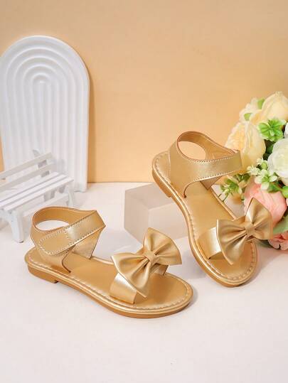 1 Pair Girls' Gold Pearl Decor Lightweight PU Open Toe Flat Sandals, Comfortable & Durable, Suitable For Outdoor Travel, Summer Vacation