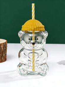 1个熊形玻璃吸管杯，带盖，透明，高档果汁/冷饮/咖啡杯，居家/办公情人节礼物 - 彩色 - 查看 16