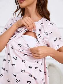 2pcs Women Breastfeeding Set Crew Neck Pullover Top & Cute Print Casual Comfortable Maternity Pajamas, Spring - Pink - View 2