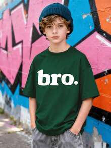 Personalized Letter Print T-Shirt For Teenage Boys, Children Casual Loose Fit Short Sleeve Tee, Round Neck Tops - Perfect Summer Gift For School And Outdoor, Suitable For Spring/Summer - Dark Green - View 2