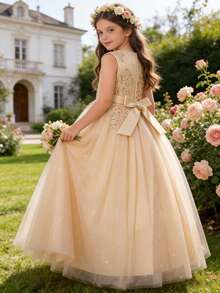 Tween Girl Blommig Applikationsklänning Med Rosett Baktill I Mesh Överlägg Festklänning - Champagne - Visa 4