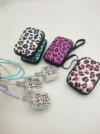 6 pièces Sac de rangement numérique en EVA à imprimé léopard + organisateur de câbles, conception à compartiments adaptée aux câbles, chargeurs, écouteurs, lecteurs de cartes, antichoc avec poignée de transport