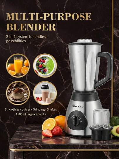 SOKANY 1pc Bullet Personal Blender Set, Includes 1 Power Base, 2 Blades, 2 Cups, 1 Mug, 1 Travel Cup With Spout Lid, 2 Comfort Lip Rings, 2 Durable Lids, Pulse Function For Grinding, Mixing, Blending, Smoothie & Crushed Ice