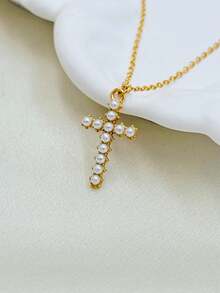 Rhinestone Cross Pendant Necklace - Yellow Gold - View 5