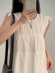 Vintage Pleated Bowknot Tie Sleeveless Mini Dress For Petite Women, Summer White Elegant - White - View 2