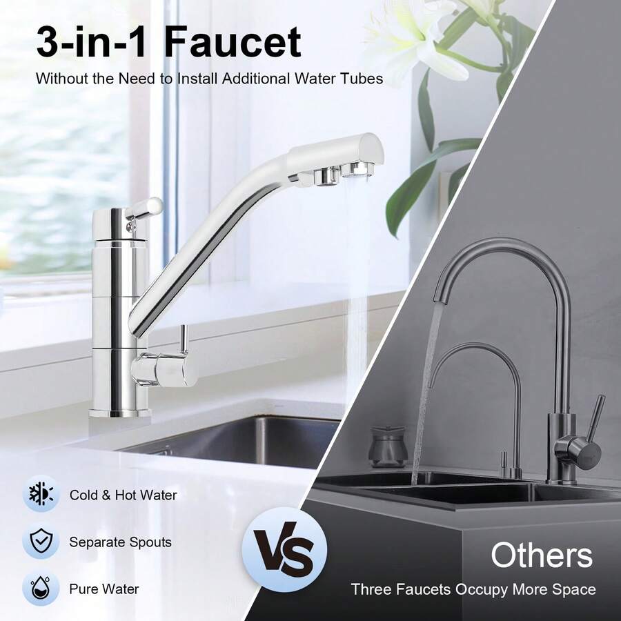 kangten 3 in 1 Drei-Wege Küche Wasserfilter Armatur Wasserhahn Osmose Anlage Tap Drehbar - Silber - Übersicht 1