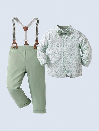 BOARNSEORL 2pcs Young Boys Gentleman Outfit, Long Sleeve Printed Shirt With Bow Tie And Green Suspender Pants, Fashionable & Elegant For Birthday, Anniversary, Party, Daily Wear