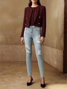 Pantalones Mezclilla Altos Roturas Diseño Para Mujer Dama - Azul - Ver 1