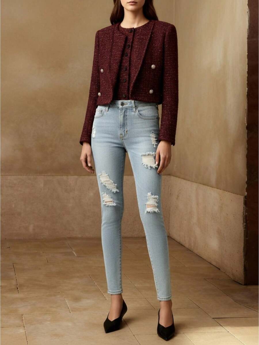 Pantalones Mezclilla Altos Roturas Diseño Para Mujer Dama - Azul - Ver 1